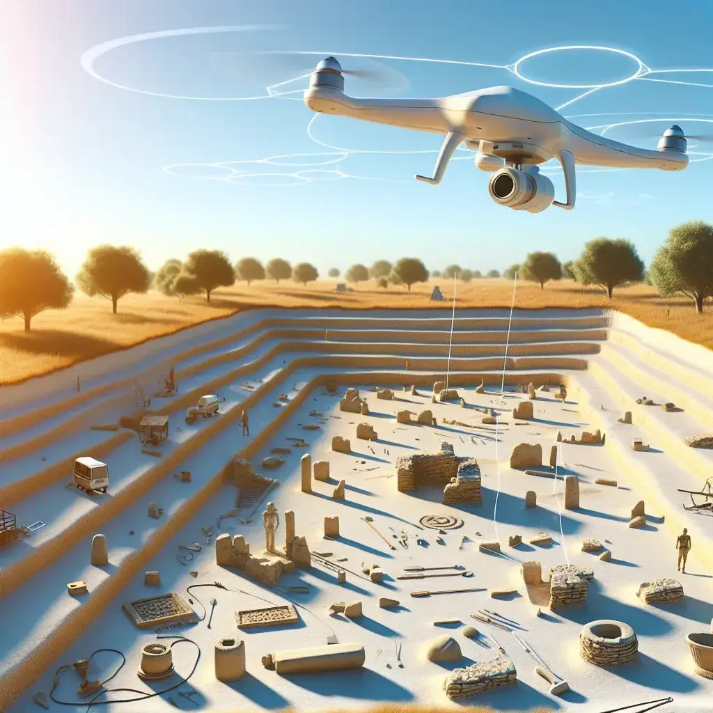 "Drone capturing aerial view of ancient archaeological site, showcasing innovative technology revolutionizing exploration in archaeology."