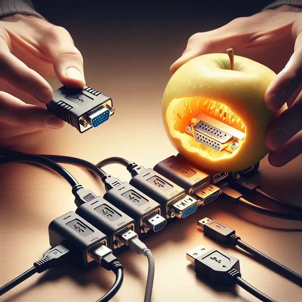 "USB to VGA adapter connected to a USB hub, illustrating compatibility and setup for dual monitor displays."