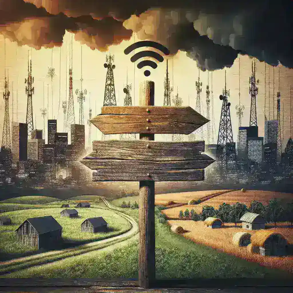 "Telecom technicians working to install broadband infrastructure in a rural area, highlighting the challenges and consequences faced by telecom companies due to unmet rural broadband expansion targets."